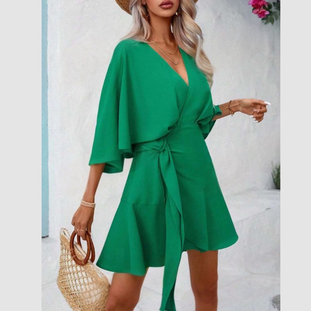 Luxe batwing sleeve belted wrap detail dress